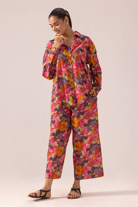 Label Shreya Sharma_Multi Color Cotton Collared Multicolor Printed Shirt And Pant Set _at_Aza_Fashions