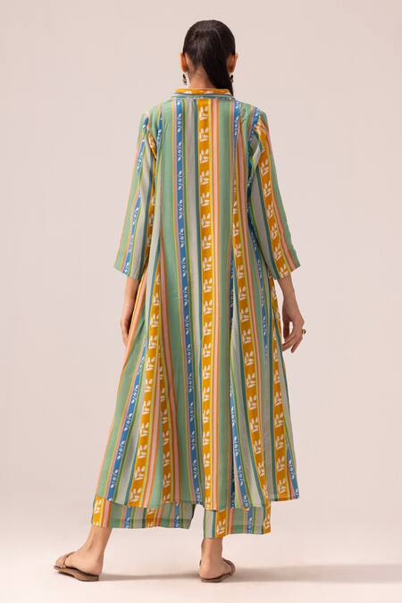 Shop Label Shreya Sharma Multi Color Crepe V-neck Striped Kurta And Pant Set at Aza Fashions Shop_Label Shreya Sharma_Multi Color Crepe V-neck Striped Kurta And Pant Set _at_Aza_Fashions