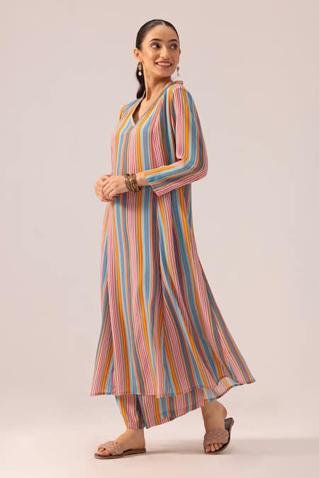 Label Shreya Sharma_Multi Color Crepe V-neck Multicolor Striped Kurta Set _Online_at_Aza_Fashions