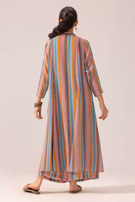Shop_Label Shreya Sharma_Multi Color Crepe V-neck Multicolor Striped Kurta Set _at_Aza_Fashions