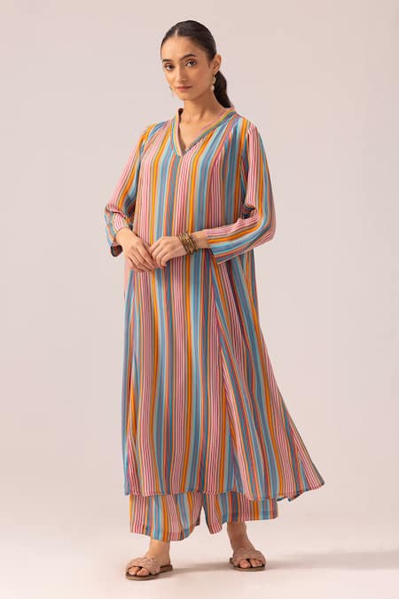 Shop_Label Shreya Sharma_Multi Color Crepe V-neck Multicolor Striped Kurta Set _Online_at_Aza_Fashions