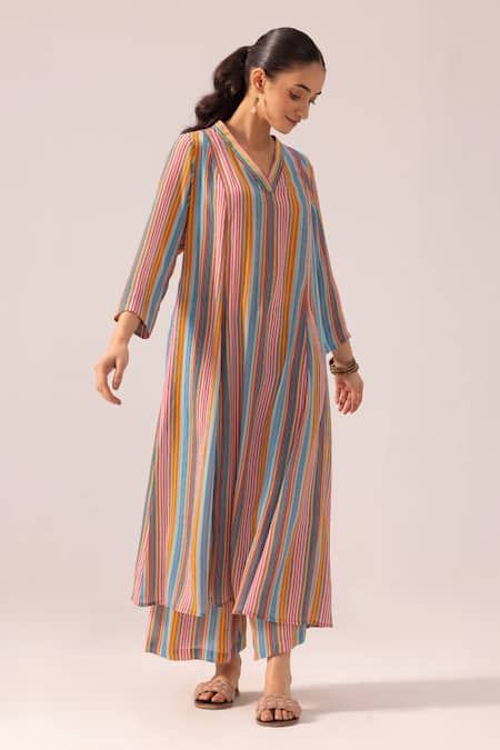 Label Shreya Sharma_Multi Color Crepe V-neck Multicolor Striped Kurta Set _at_Aza_Fashions