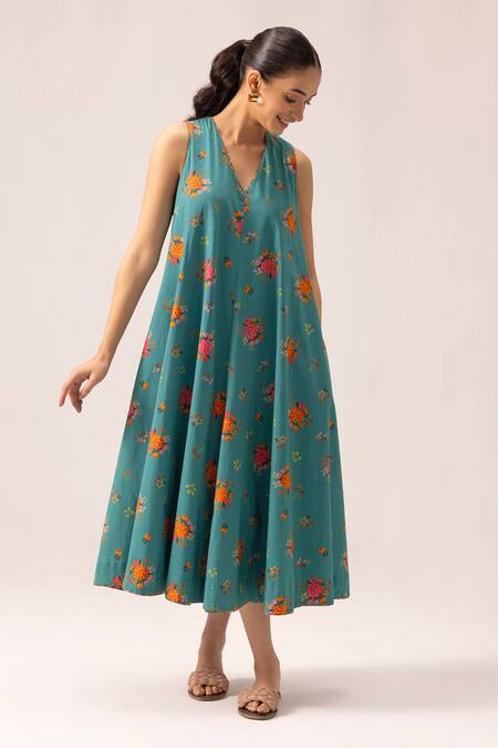 Shop Label Shreya Sharma Blue Cotton V-neck Floral Print Sleeveless Midi Dress Online at Aza Fashions Shop_Label Shreya Sharma_Blue Cotton V-neck Floral Print Sleeveless Midi Dress _Online_at_Aza_Fashions