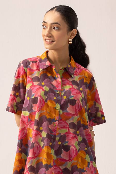 Label Shreya Sharma_Multi Color Cotton Collared Floral Print Midi Dress_Online_at_Aza_Fashions