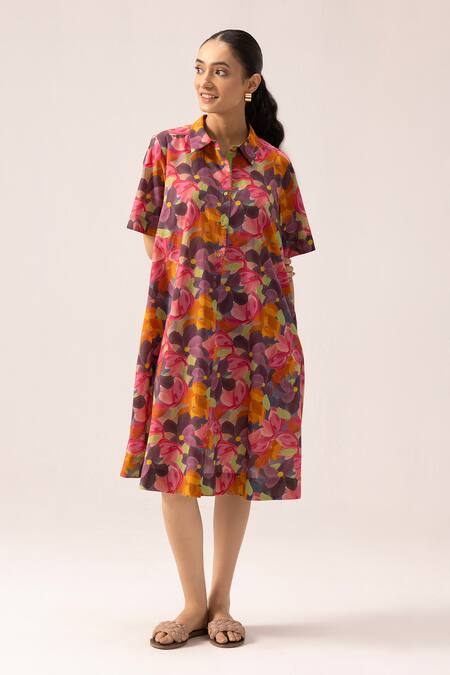 Buy_Label Shreya Sharma_Multi Color Cotton Collared Floral Print Midi Dress_Online_at_Aza_Fashions