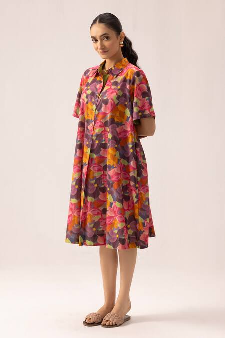 Shop_Label Shreya Sharma_Multi Color Cotton Collared Floral Print Midi Dress_Online_at_Aza_Fashions