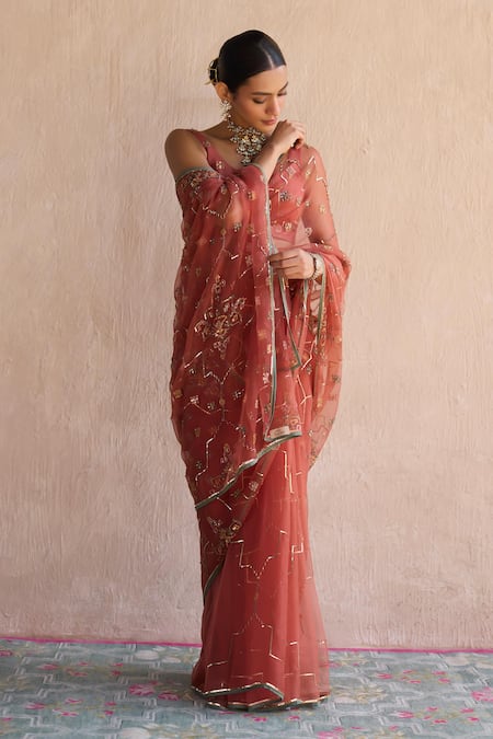 Sarang Kaur_Orange Chiffon, Silk Embroidery, Zari Round Neck Hand Patiala Saree _Online_at_Aza_Fashions