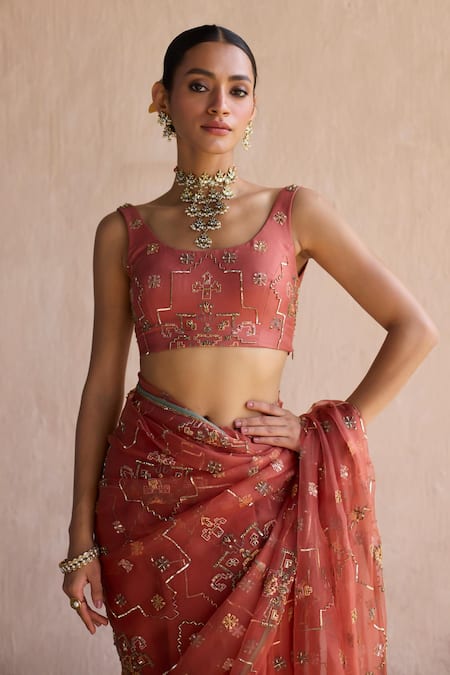 Buy_Sarang Kaur_Orange Chiffon, Silk Embroidery, Zari Round Neck Hand Patiala Saree _Online_at_Aza_Fashions