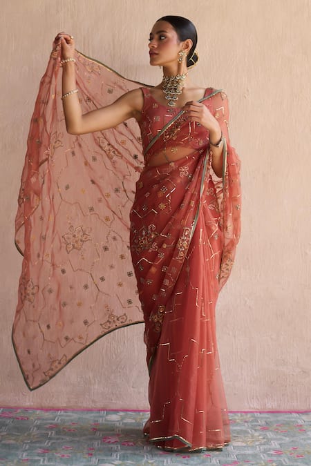 Shop_Sarang Kaur_Orange Chiffon, Silk Embroidery, Zari Round Neck Hand Patiala Saree _Online_at_Aza_Fashions