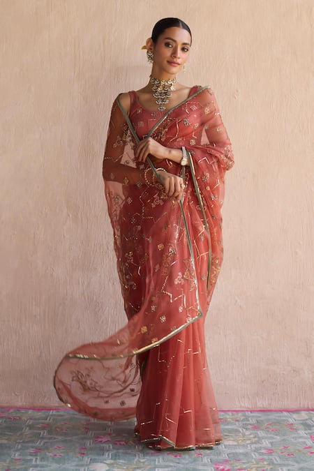 Sarang Kaur_Orange Chiffon, Silk Embroidery, Zari Round Neck Hand Patiala Saree _at_Aza_Fashions