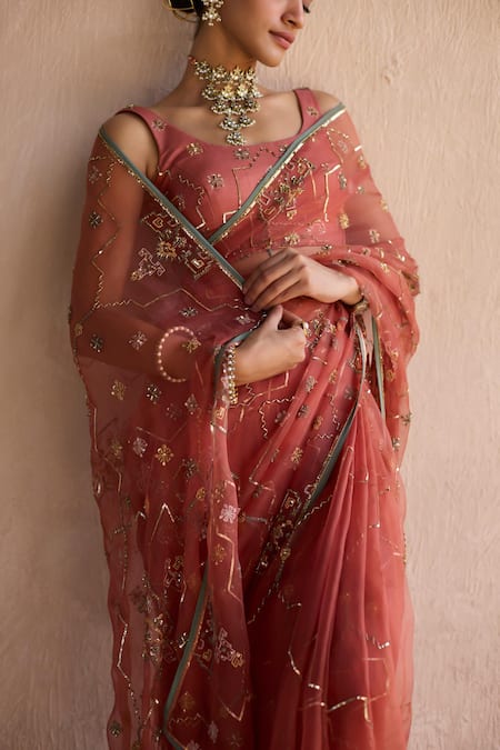 Buy_Sarang Kaur_Orange Chiffon, Silk Embroidery, Zari Round Neck Hand Patiala Saree 