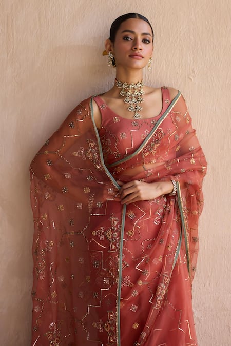 Shop_Sarang Kaur_Orange Chiffon, Silk Embroidery, Zari Round Neck Hand Patiala Saree 