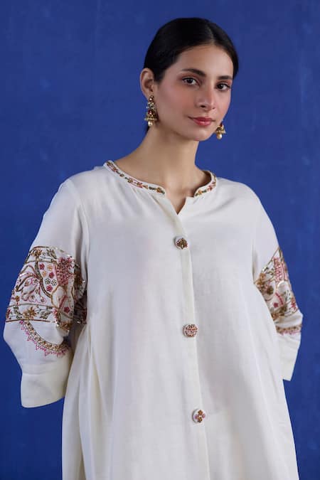 Buy Sarang Kaur White Cotton Embroidery Round Neck Hand Kurta And Palazzo Set Online at Aza Fashions Buy_Sarang Kaur_White Cotton Embroidery Round Neck Hand Kurta And Palazzo Set _Online_at_Aza_Fashions