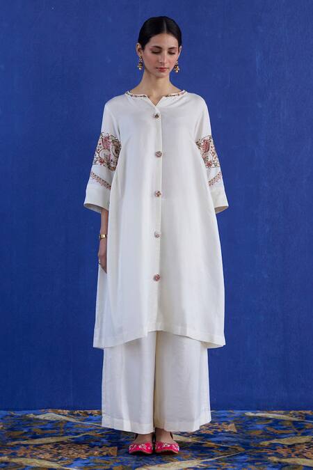 Sarang Kaur White Cotton Embroidery Round Neck Hand Kurta And Palazzo Set at Aza Fashions Sarang Kaur_White Cotton Embroidery Round Neck Hand Kurta And Palazzo Set _at_Aza_Fashions