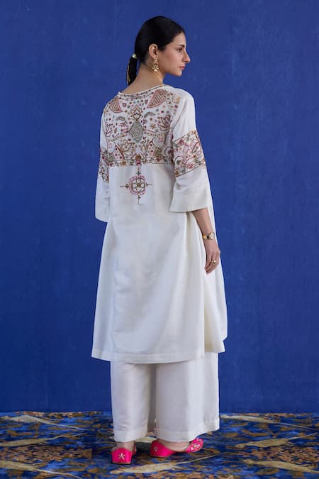 Shop Sarang Kaur White Cotton Embroidery Round Neck Hand Kurta And Palazzo Set at Aza Fashions Shop_Sarang Kaur_White Cotton Embroidery Round Neck Hand Kurta And Palazzo Set _at_Aza_Fashions