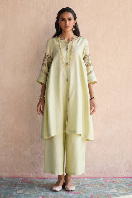 Sarang Kaur Green Silk, Embroidery Round Neck Hand Kurta And Palazzo Set Online at Aza Fashions Sarang Kaur_Green Silk, Embroidery Round Neck Hand Kurta And Palazzo Set _Online_at_Aza_Fashions