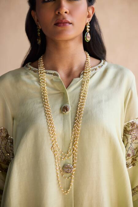 Shop Sarang Kaur Green Silk, Embroidery Round Neck Hand Kurta And Palazzo Set Online at Aza Fashions Shop_Sarang Kaur_Green Silk, Embroidery Round Neck Hand Kurta And Palazzo Set _Online_at_Aza_Fashions