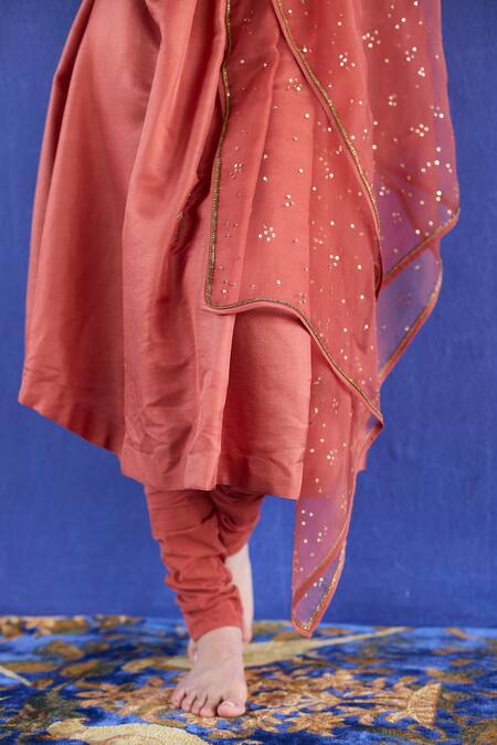 Sarang Kaur Orange Cotton, Chiffon Sequins, Embroidery V-neck Hand Kaftan Suit Online at Aza Fashions Sarang Kaur_Orange Cotton, Chiffon Sequins, Embroidery V-neck Hand Kaftan Suit _Online_at_Aza_Fashions