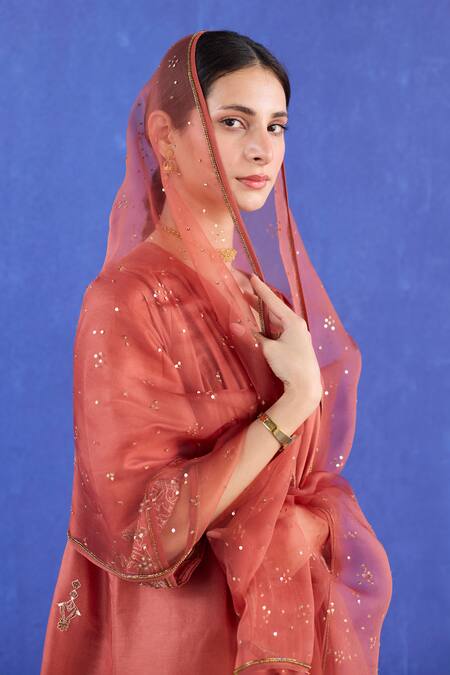 Sarang Kaur Orange Cotton, Chiffon Sequins, Embroidery V-neck Hand Kaftan Suit at Aza Fashions Sarang Kaur_Orange Cotton, Chiffon Sequins, Embroidery V-neck Hand Kaftan Suit _at_Aza_Fashions