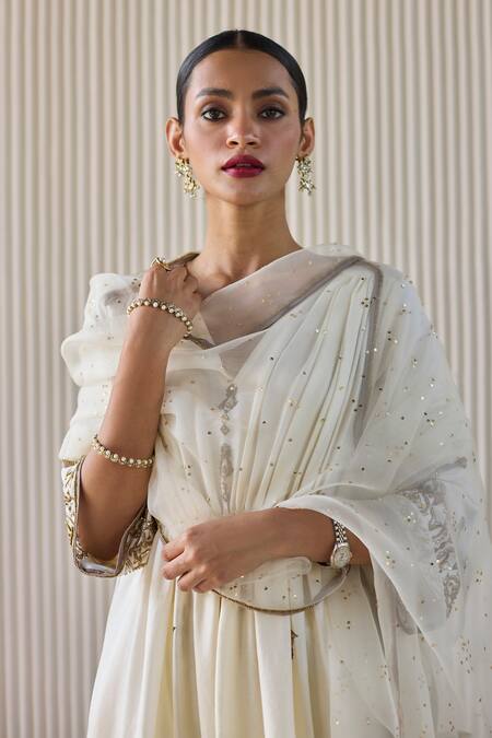 Shop_Sarang Kaur_White Cotton Embroidery V-neck Hand Kaftan Kurta Set _Online_at_Aza_Fashions