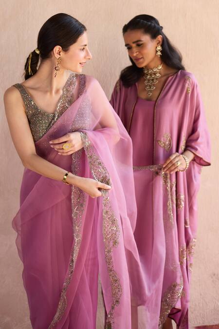 Sarang Kaur_Purple , Silk Embroidery Open Neck, Hand Kaftan Jacket Set _Online_at_Aza_Fashions