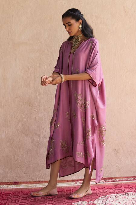 Shop_Sarang Kaur_Purple , Silk Embroidery Open Neck, Hand Kaftan Jacket Set _Online_at_Aza_Fashions
