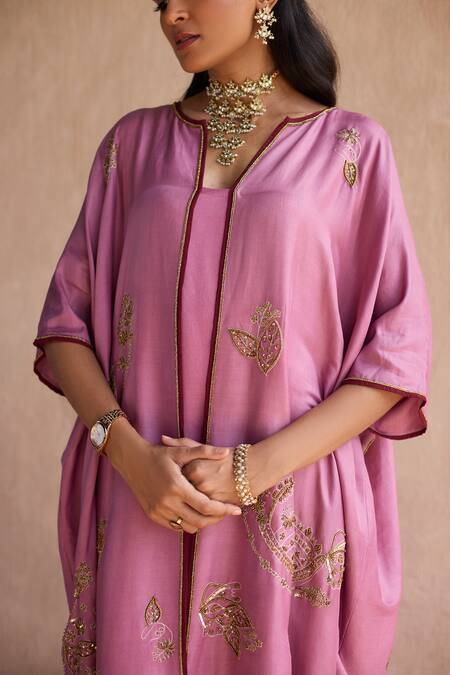 Sarang Kaur_Purple , Silk Embroidery Open Neck, Hand Kaftan Jacket Set _at_Aza_Fashions