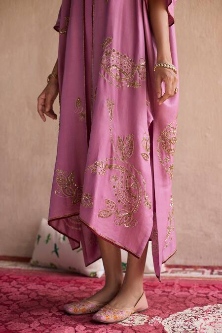 Buy_Sarang Kaur_Purple , Silk Embroidery Open Neck, Hand Kaftan Jacket Set 