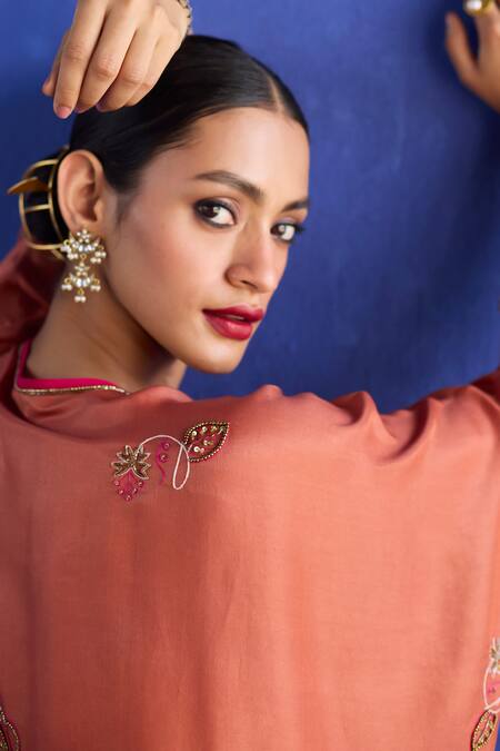 Sarang Kaur_Orange Chanderi Silk Embroidery Round Neck Kaftan Jacket Set _Online_at_Aza_Fashions