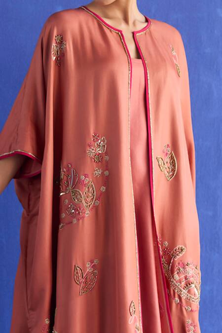 Buy_Sarang Kaur_Orange Chanderi Silk Embroidery Round Neck Kaftan Jacket Set _Online_at_Aza_Fashions