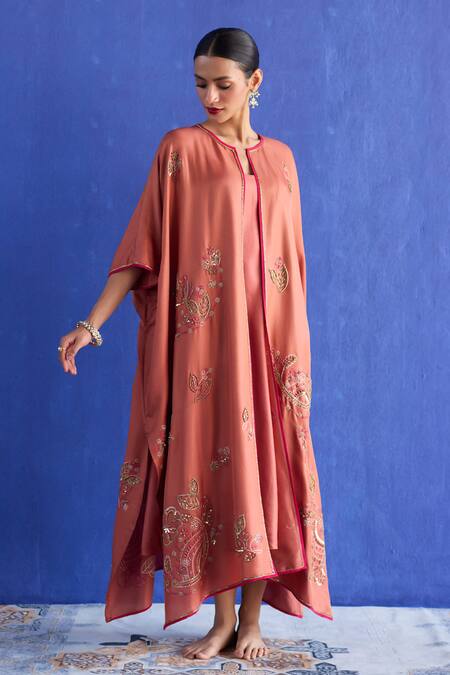 Shop_Sarang Kaur_Orange Chanderi Silk Embroidery Round Neck Kaftan Jacket Set _Online_at_Aza_Fashions