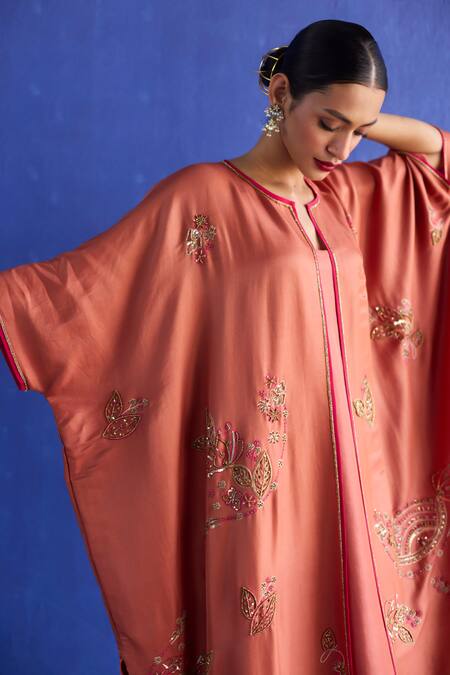 Sarang Kaur_Orange Chanderi Silk Embroidery Round Neck Kaftan Jacket Set _at_Aza_Fashions