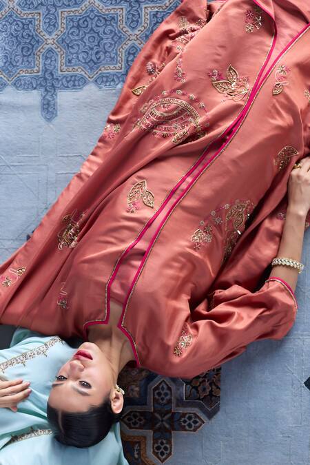 Buy_Sarang Kaur_Orange Chanderi Silk Embroidery Round Neck Kaftan Jacket Set 