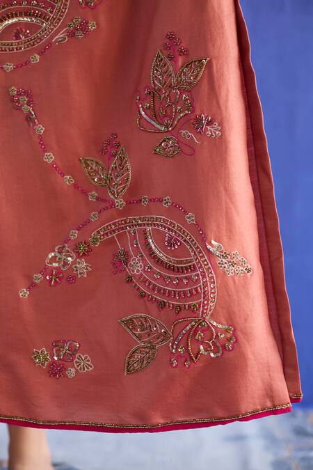 Shop_Sarang Kaur_Orange Chanderi Silk Embroidery Round Neck Kaftan Jacket Set 