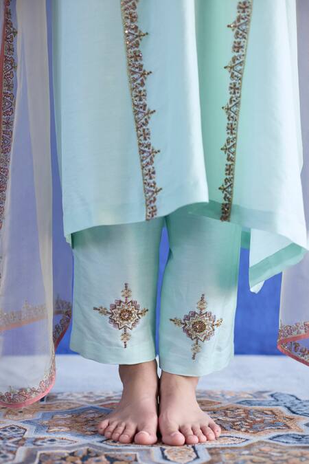 Sarang Kaur_Blue Chanderi Silk, Organza Embroidery Round Neck Bindi Kaftan Suit _Online_at_Aza_Fashions