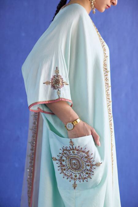 Buy_Sarang Kaur_Blue Chanderi Silk, Organza Embroidery Round Neck Bindi Kaftan Suit _Online_at_Aza_Fashions
