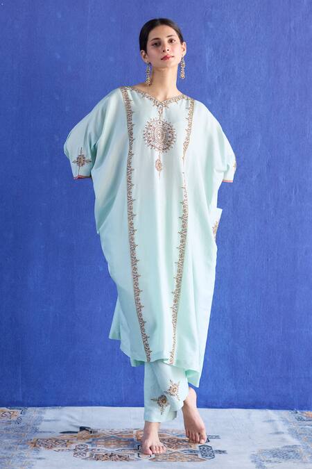 Shop_Sarang Kaur_Blue Chanderi Silk, Organza Embroidery Round Neck Bindi Kaftan Suit _Online_at_Aza_Fashions