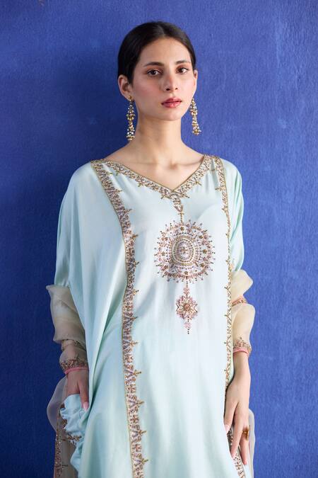Sarang Kaur_Blue Chanderi Silk, Organza Embroidery Round Neck Bindi Kaftan Suit _at_Aza_Fashions