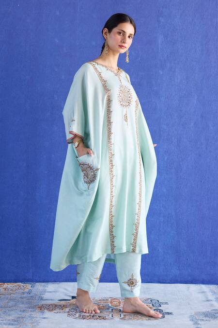 Buy_Sarang Kaur_Blue Chanderi Silk, Organza Embroidery Round Neck Bindi Kaftan Suit 