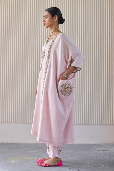 Shop Sarang Kaur Pink Chanderi Silk, Organza Embroidery Round Neck Hand Bindi Kaftan Suit Online at Aza Fashions Shop_Sarang Kaur_Pink Chanderi Silk, Organza Embroidery Round Neck Hand Bindi Kaftan Suit _Online_at_Aza_Fashions