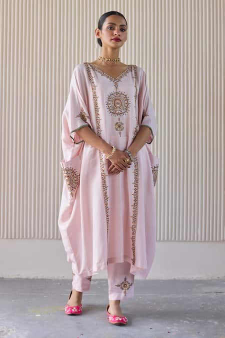 Sarang Kaur Hand Embroidered Pink Bindi Kaftan Suit 