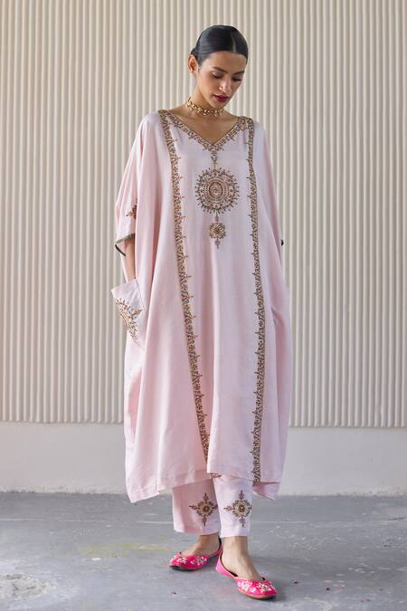 Sarang Kaur Pink Chanderi Silk, Organza Embroidery Round Neck Hand Bindi Kaftan Suit at Aza Fashions Sarang Kaur_Pink Chanderi Silk, Organza Embroidery Round Neck Hand Bindi Kaftan Suit _at_Aza_Fashions