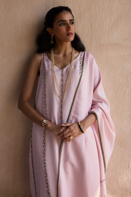 Shop Sarang Kaur Pink Cotton Embroidery, Beads V-neck Nidhi Kurta Set Online at Aza Fashions Shop_Sarang Kaur_Pink Cotton Embroidery, Beads V-neck Nidhi Kurta Set _Online_at_Aza_Fashions