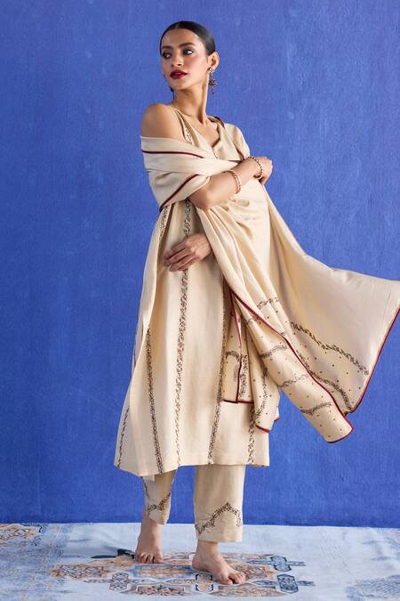 Shop_Sarang Kaur_Beige Chanderi Silk Embroidery Round Neck Hand Kurta Set _Online_at_Aza_Fashions