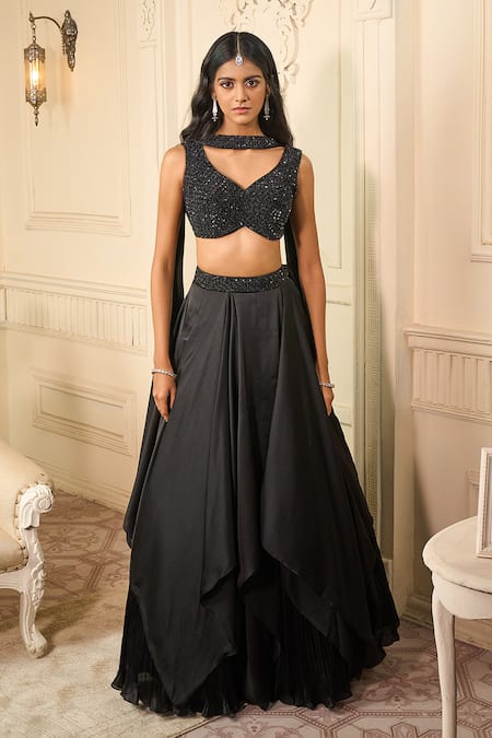 Buy Aariyana Couture Black Satin, Chiffon Sequins Asymmetric Layered Embroidered Lehenga Set Online at Aza Fashions Buy_Aariyana Couture_Black Satin, Chiffon Sequins Asymmetric Layered Embroidered Lehenga Set _Online_at_Aza_Fashions