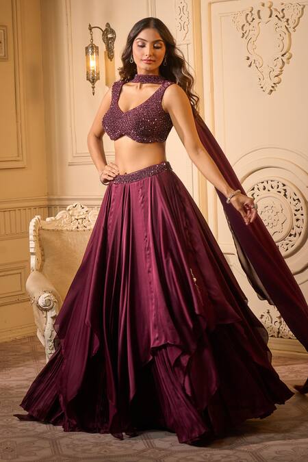 Aariyana Couture Wine Silk Beads Choker Neck Layered Lehenga Set With Embroidery at Aza Fashions Aariyana Couture_Wine Silk Beads Choker Neck Layered Lehenga Set With Embroidery_at_Aza_Fashions