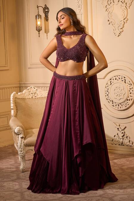 Shop Aariyana Couture Wine Silk Beads Choker Neck Layered Lehenga Set With Embroidery Shop_Aariyana Couture_Wine Silk Beads Choker Neck Layered Lehenga Set With Embroidery
