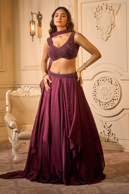 Shop Aariyana Couture Wine Silk Beads Choker Neck Layered Lehenga Set With Embroidery at Aza Fashions Shop_Aariyana Couture_Wine Silk Beads Choker Neck Layered Lehenga Set With Embroidery_at_Aza_Fashions