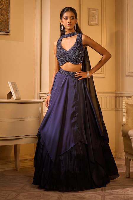 Aariyana Couture Navy Satin Cut Work, Embroidery Cutdana Layered Lehenga Set Online at Aza Fashions Aariyana Couture_Navy Satin Cut Work, Embroidery Cutdana Layered Lehenga Set_Online_at_Aza_Fashions