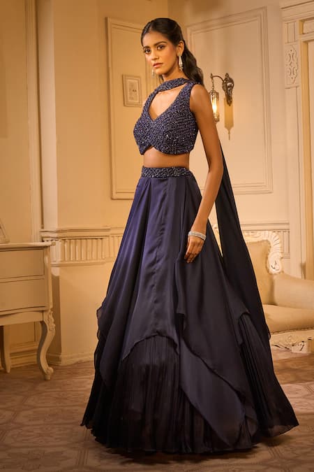 Aariyana Couture Navy Satin Cut Work, Embroidery Cutdana Layered Lehenga Set at Aza Fashions Aariyana Couture_Navy Satin Cut Work, Embroidery Cutdana Layered Lehenga Set_at_Aza_Fashions